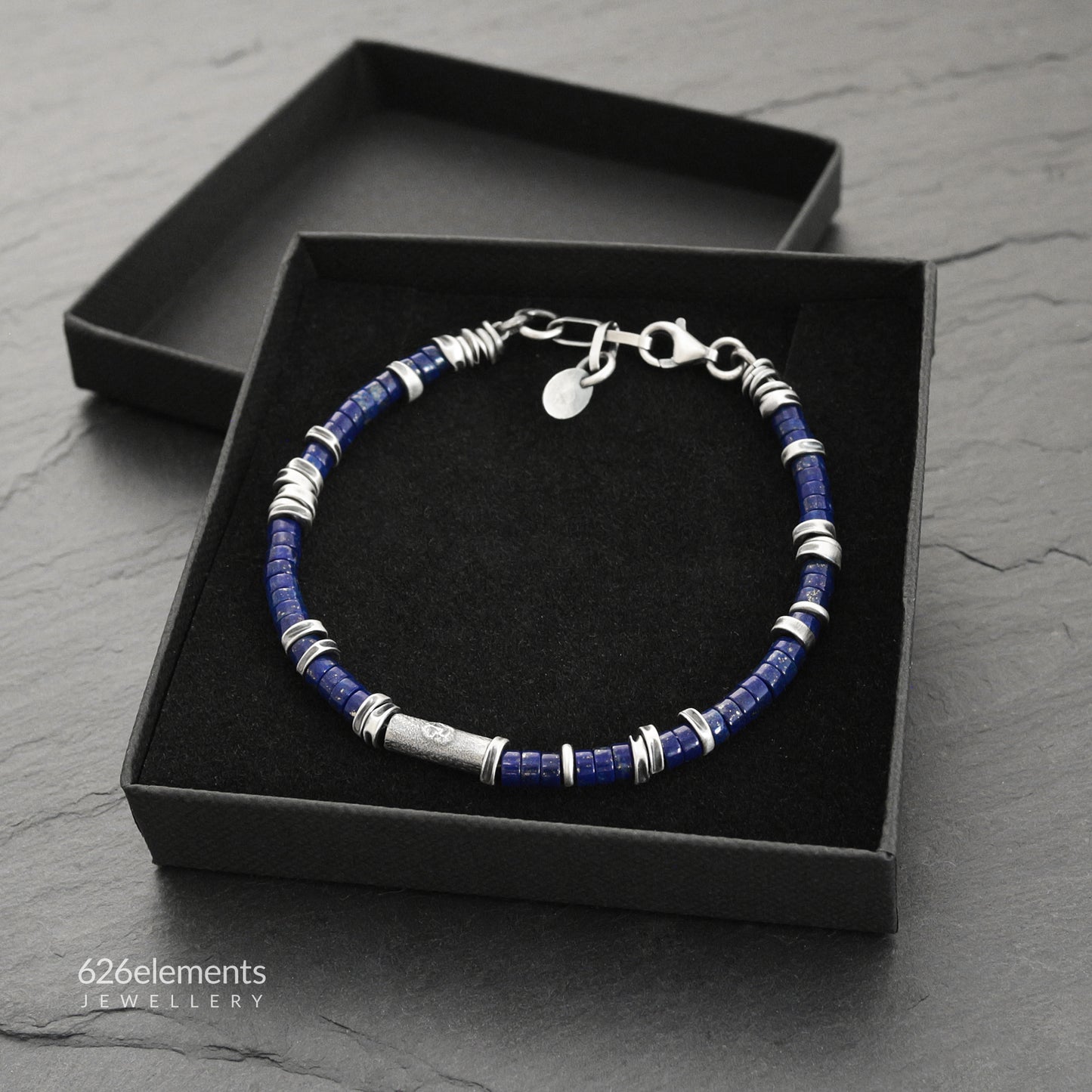 Navy Blue Lapis Lazuli & Oxidised Sterling Silver Bracelet