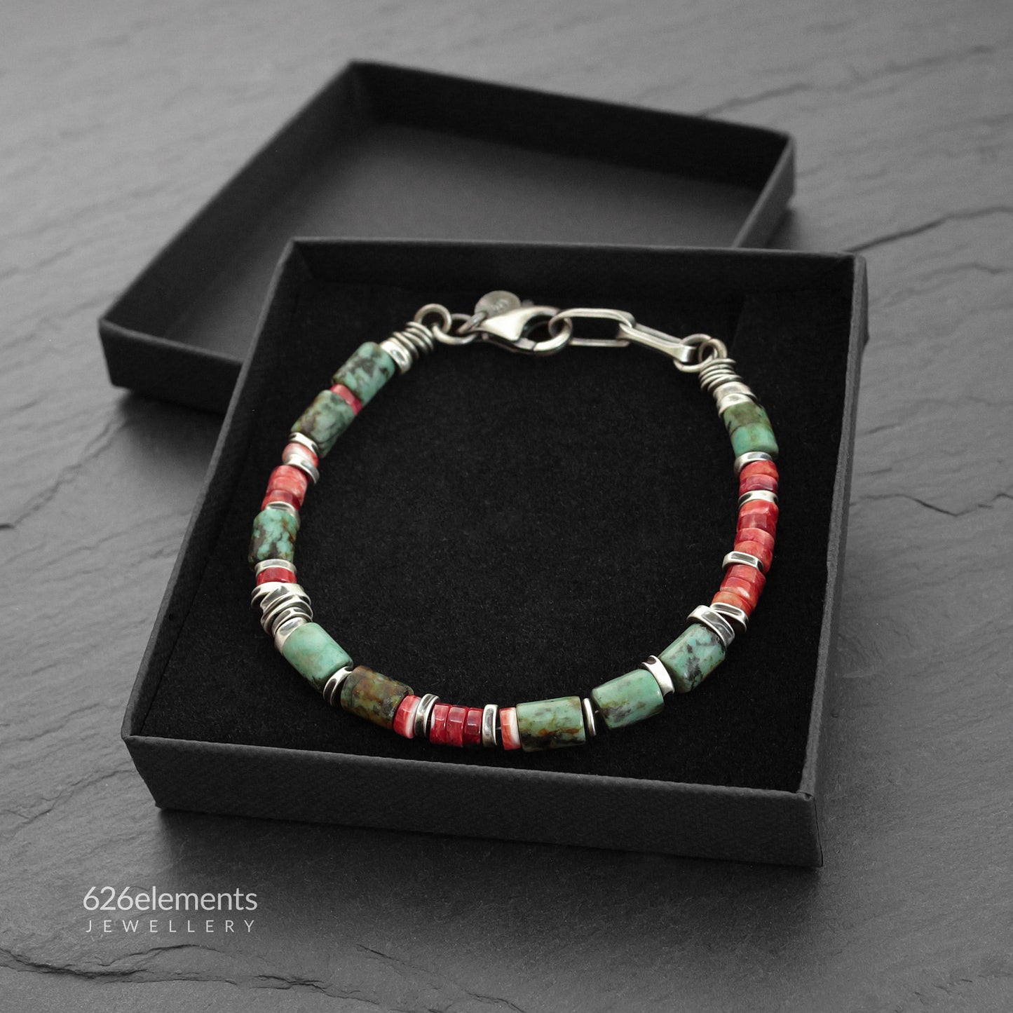 African Turquoise, Spiny Oyster & Oxidised Sterling Silver Men's Bracelet