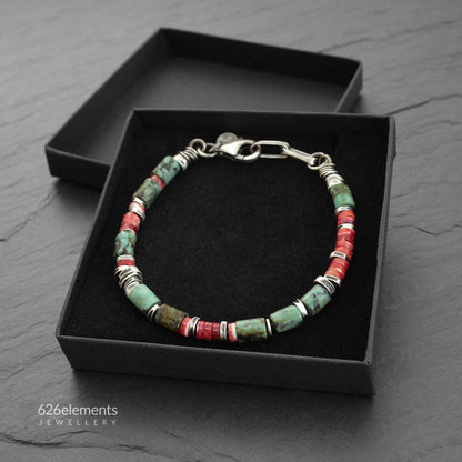 African Turquoise, Spiny Oyster & Oxidised Sterling Silver Men's Bracelet