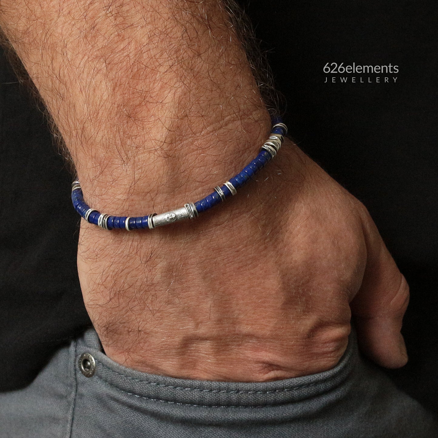 Navy Blue Lapis Lazuli & Oxidised Sterling Silver Bracelet