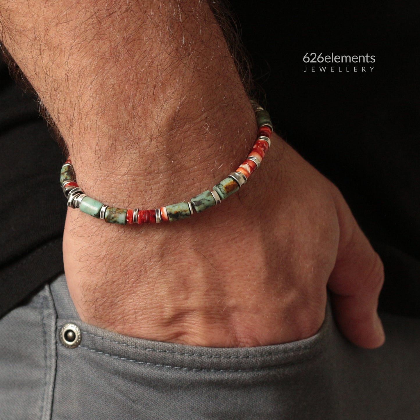 African Turquoise, Spiny Oyster & Oxidised Sterling Silver Men's Bracelet