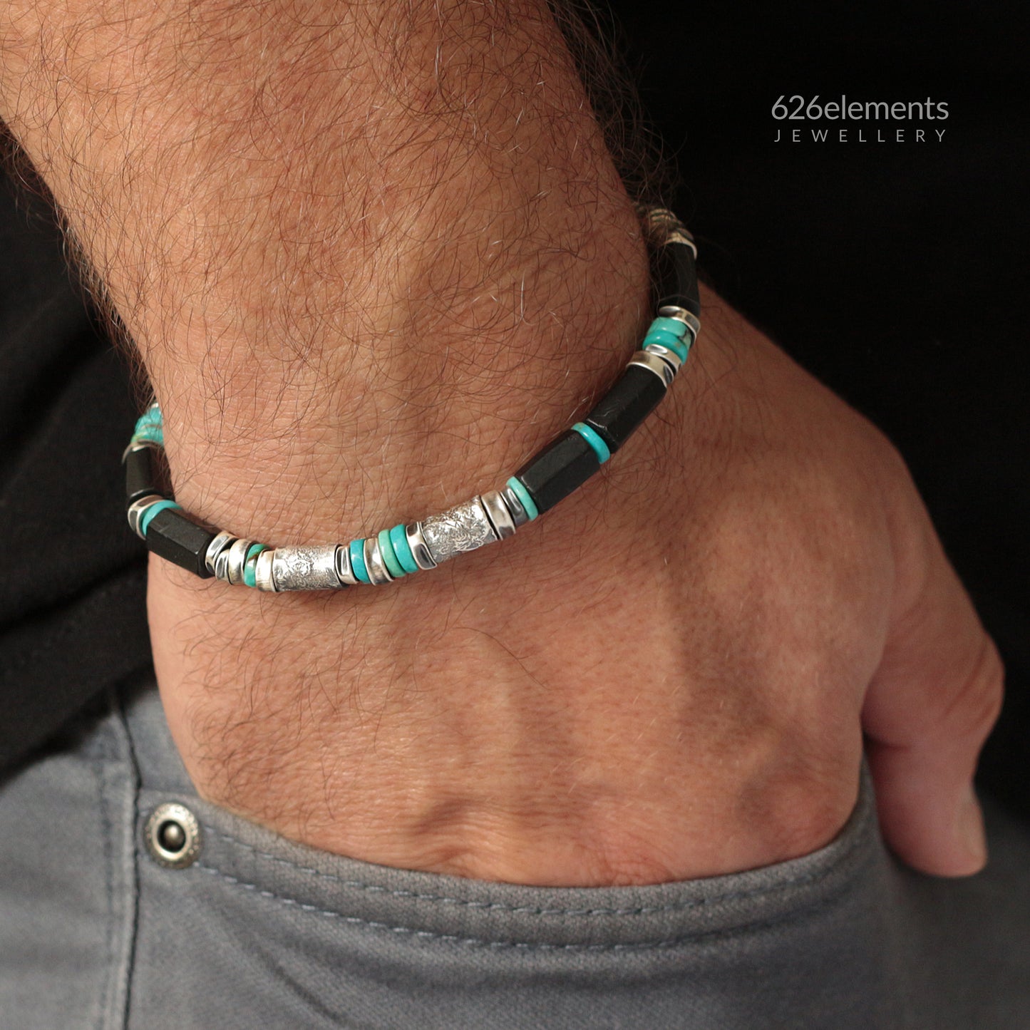 Black Tourmaline, Turquoise & Oxidised Sterling Silver Men's Bracelet