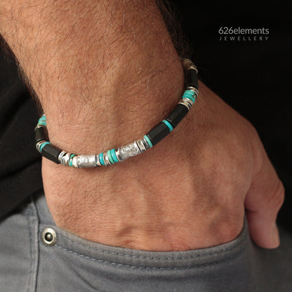 Black Tourmaline, Turquoise & Oxidised Sterling Silver Men's Bracelet