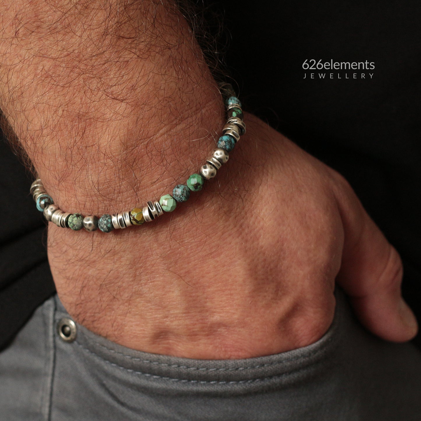 Veined Turquoise & Oxidised Sterling Silver Beaded Bracelet