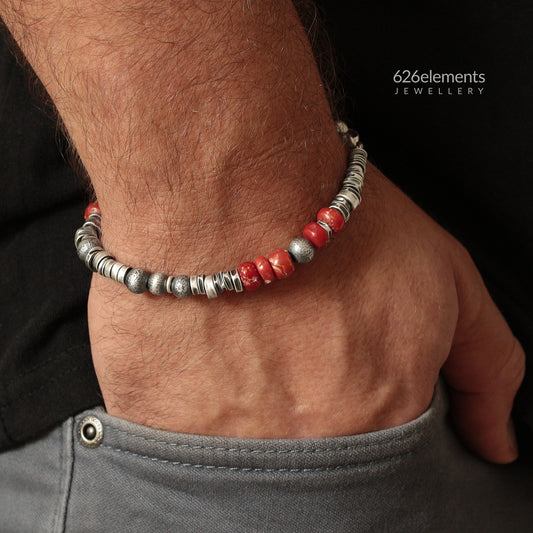 Men's Red Coral and Sterling Silver Bracelet