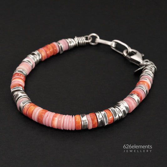 Pink Queen Conch & Orange Spiny Oyster Oxidised 925 Sterling Silver Bracelet