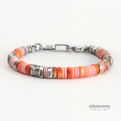 Pink Queen Conch & Orange Spiny Oyster Oxidised 925 Sterling Silver Bracelet