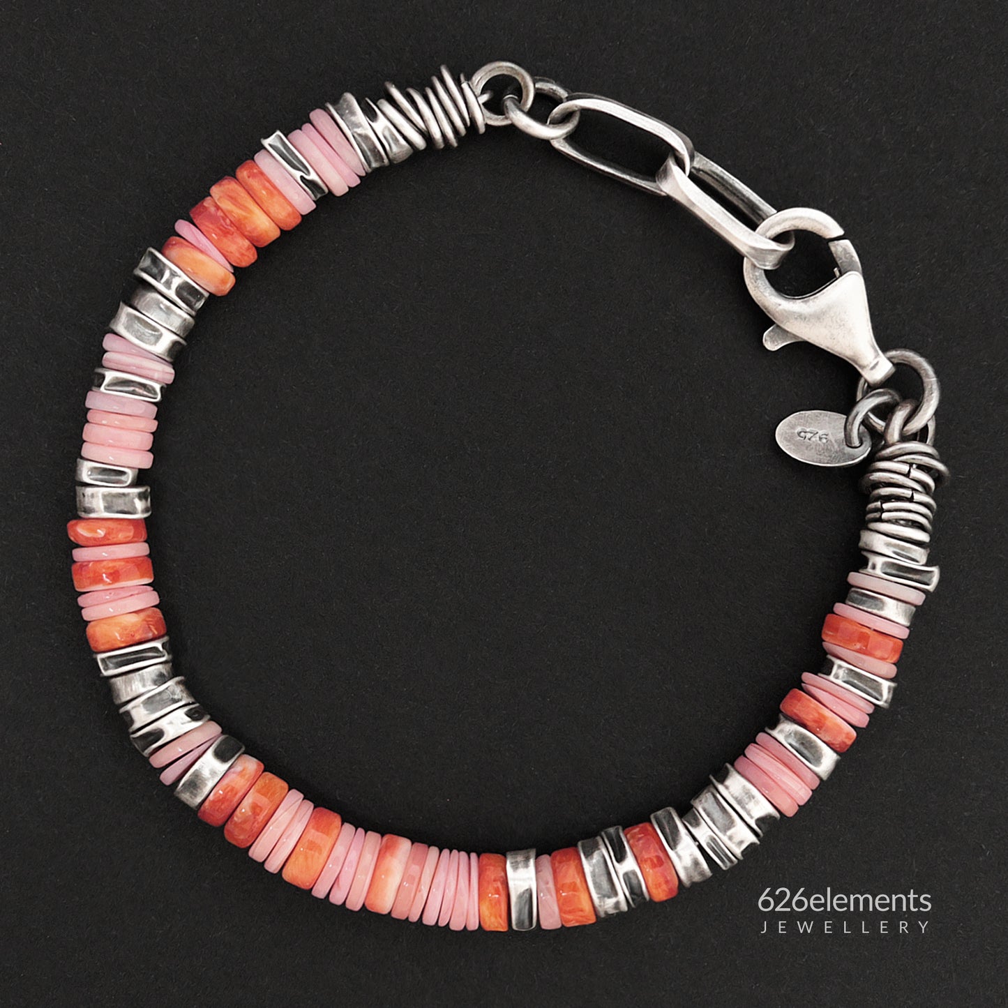 Pink Queen Conch & Orange Spiny Oyster Oxidised 925 Sterling Silver Bracelet