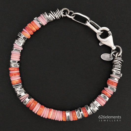 Pink Queen Conch & Orange Spiny Oyster Oxidised 925 Sterling Silver Bracelet