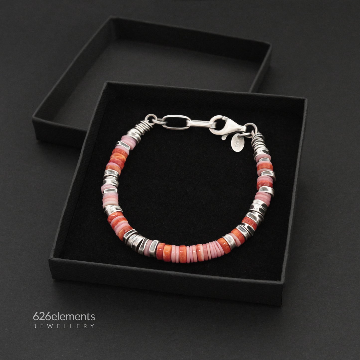 Pink Queen Conch & Orange Spiny Oyster Oxidised 925 Sterling Silver Bracelet