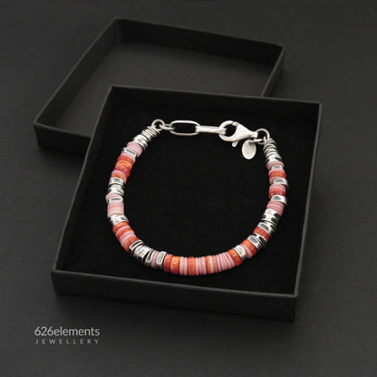 Pink Queen Conch & Orange Spiny Oyster Oxidised 925 Sterling Silver Bracelet