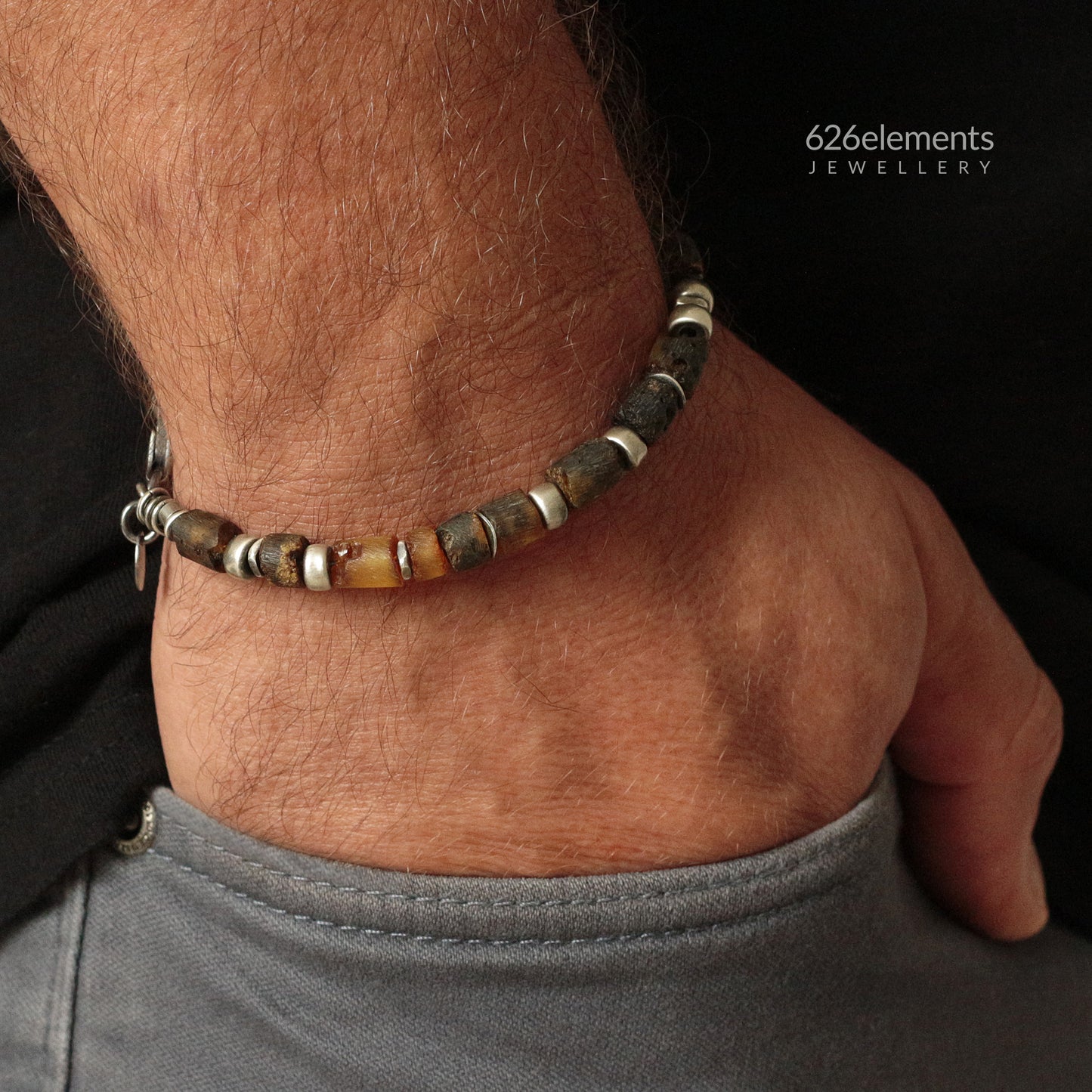 Men's Raw Amber & Oxidised Sterling Silver Bracelet