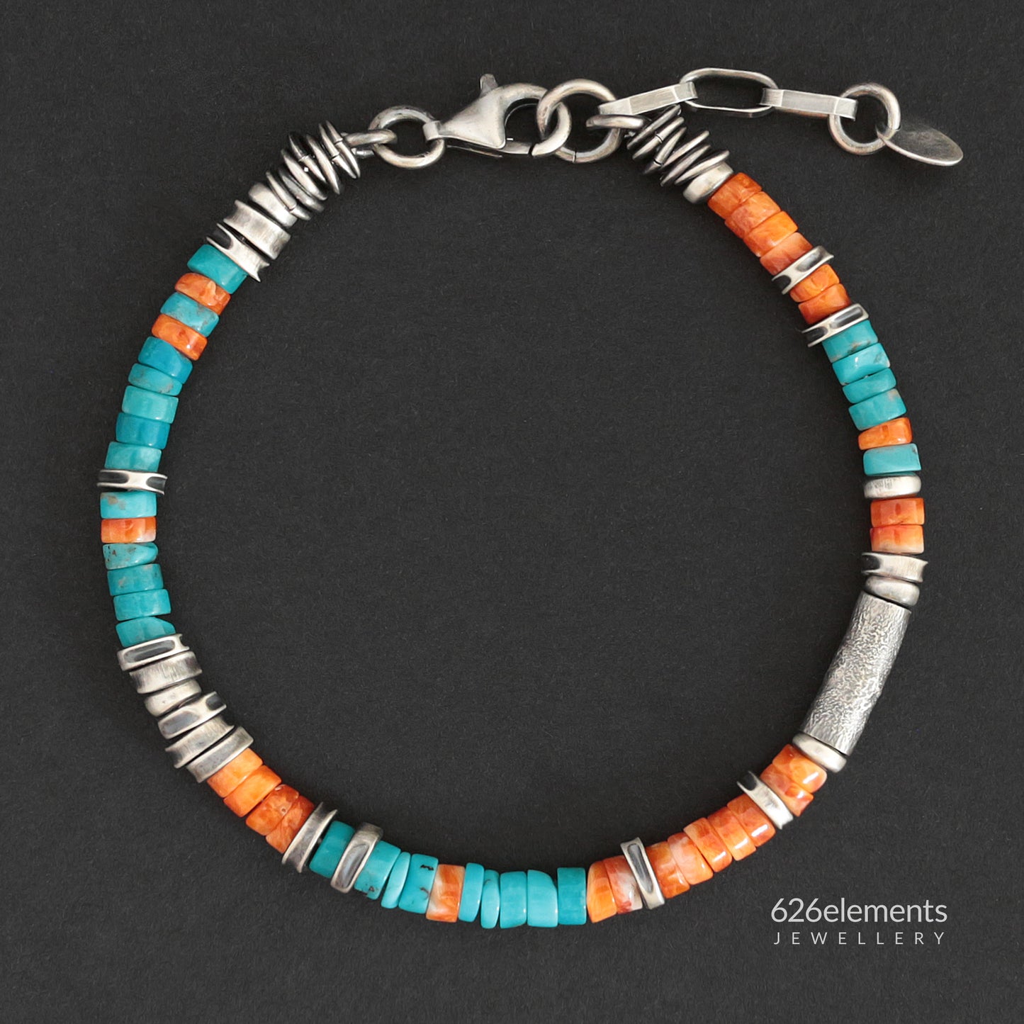 Blue Turquoise & Orange Spiny Oyster Beaded Bracelet
