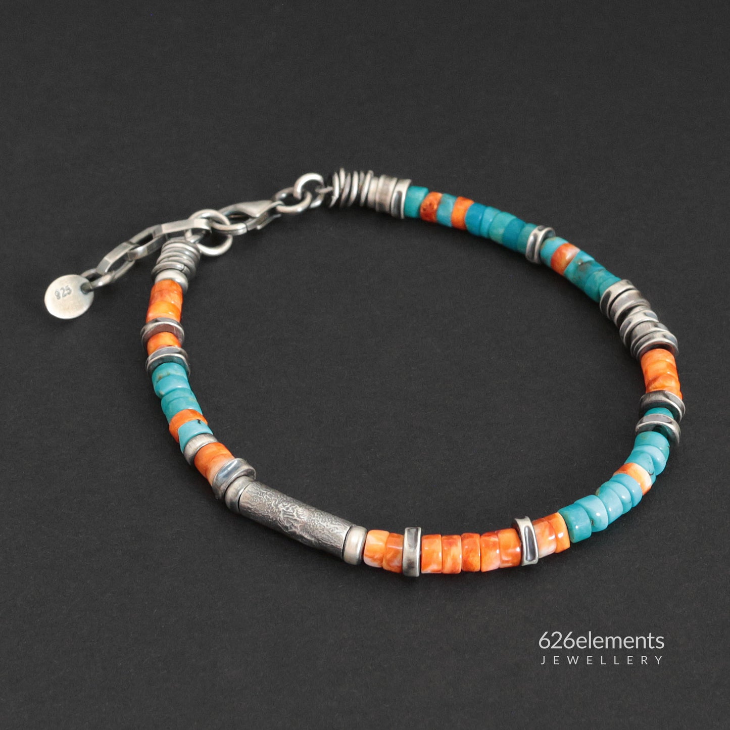 Blue Turquoise & Orange Spiny Oyster Beaded Bracelet