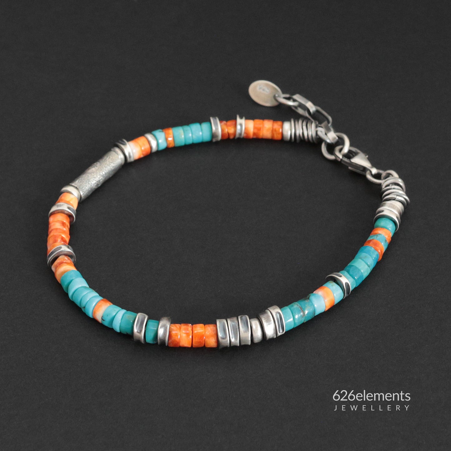 Blue Turquoise & Orange Spiny Oyster Beaded Bracelet
