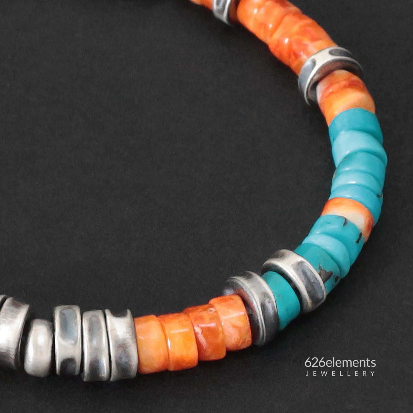 Blue Turquoise & Orange Spiny Oyster Beaded Bracelet