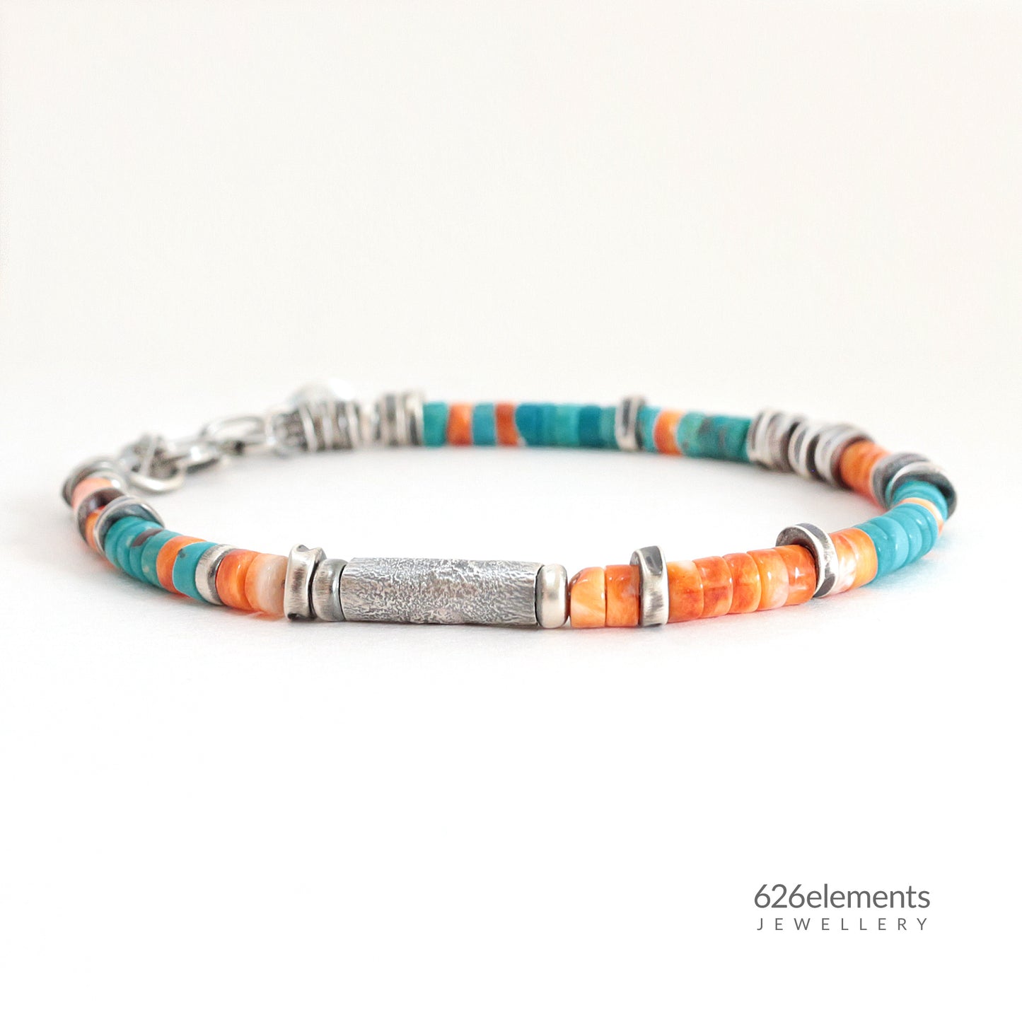 Blue Turquoise & Orange Spiny Oyster Beaded Bracelet