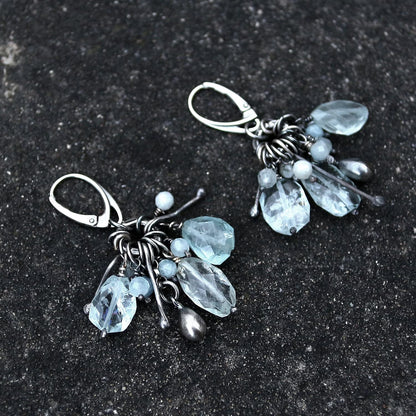 Pale Blue Aquamaine & Oxidised Sterling Silver Dangle Earrings