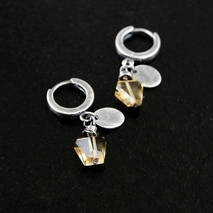 Citrine & 925 Silver Oval Disc Hoop Drop Earrings