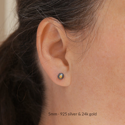 Oxidised Sterling Silver & 24k Gold Round Stud Earrings