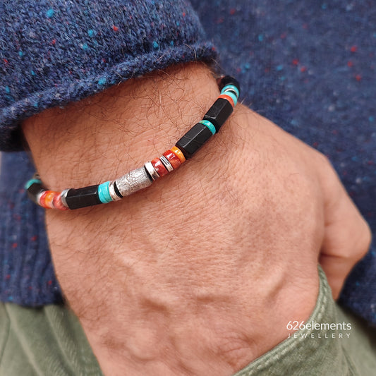 Tourmaline, Spiny Oyster, Turquoise & Oxidised 925 Silver Men's Bracelet