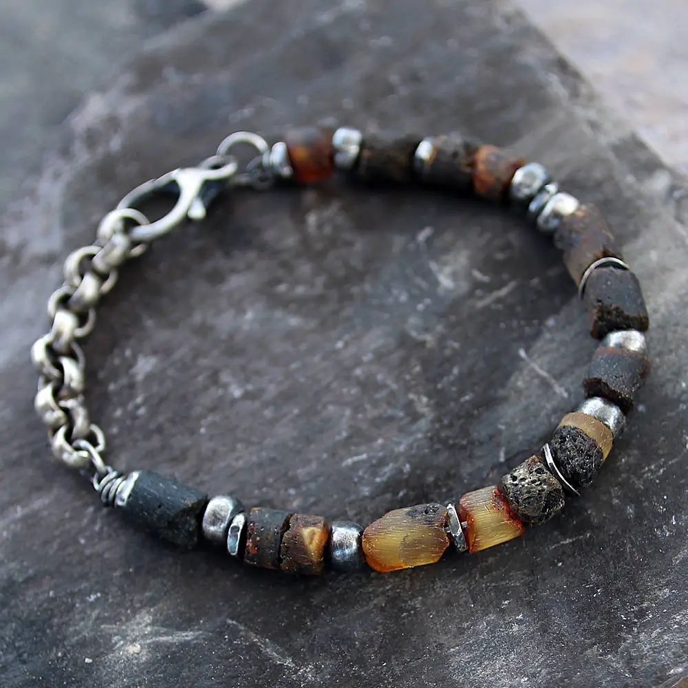 Men's Raw Amber & Oxidised Sterling Silver Bracelet