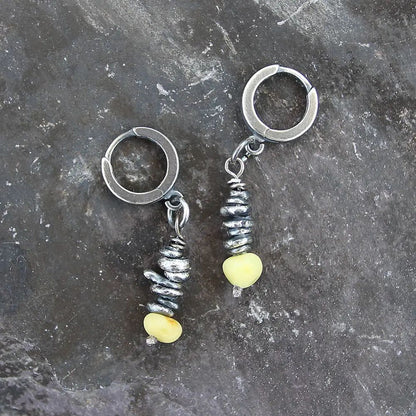 Yellow Natural Amber & Oxidised Fine Silver Dangle Earrings