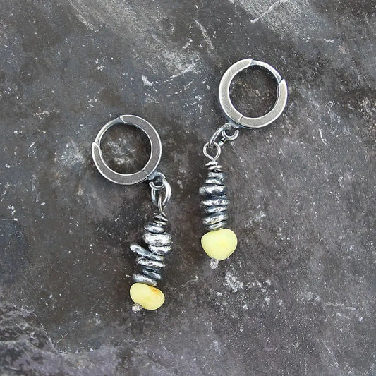 Yellow Natural Amber & Oxidised Fine Silver Dangle Earrings