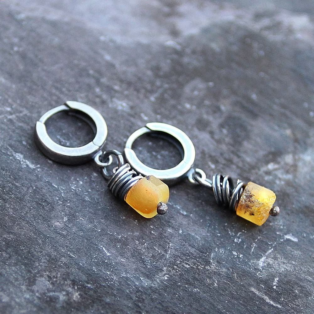 Yellow Baltic Amber & 925 Silver Hoop Earrings