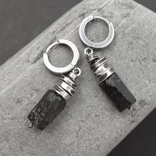 Black Raw Tourmaline & 925 Silver Dangle Earrings