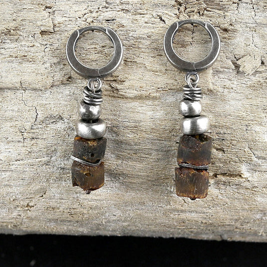 Brown Amber & Oxidised Sterling Silver Dangle Earrings