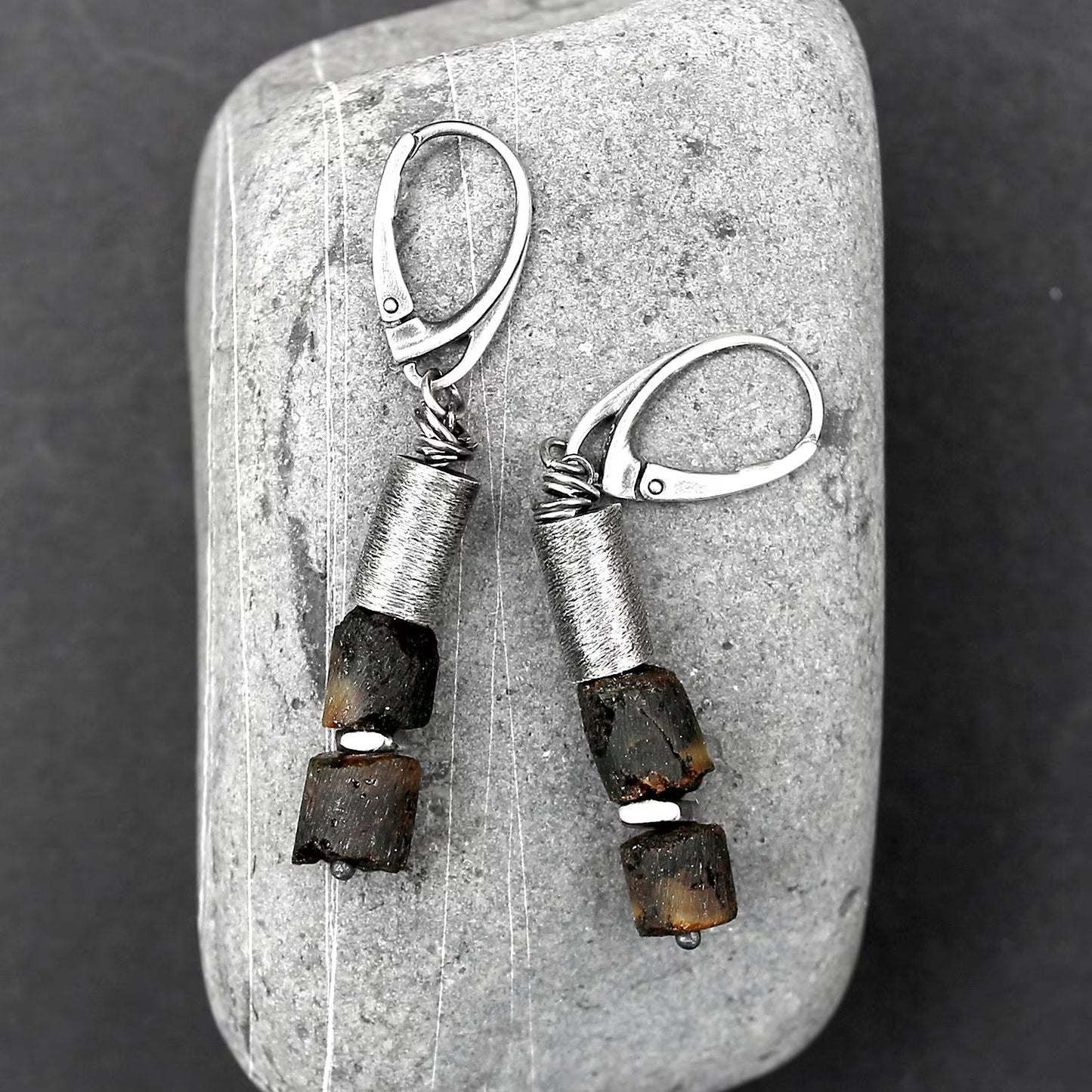 Dark Amber, Sterling Silver & Brushed Tube Dangle Earrings