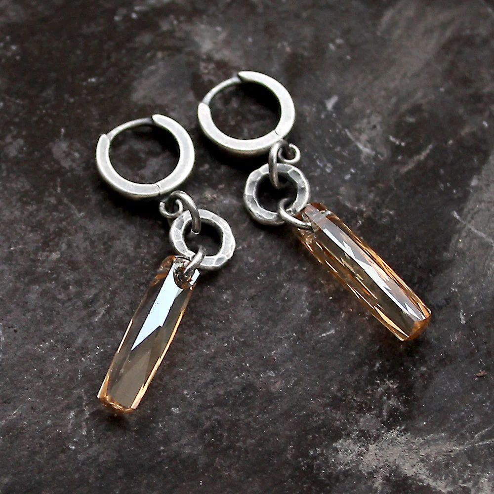 Swarovski Crystal Column & Hammered Fine Silver Circle Dangle Earrings