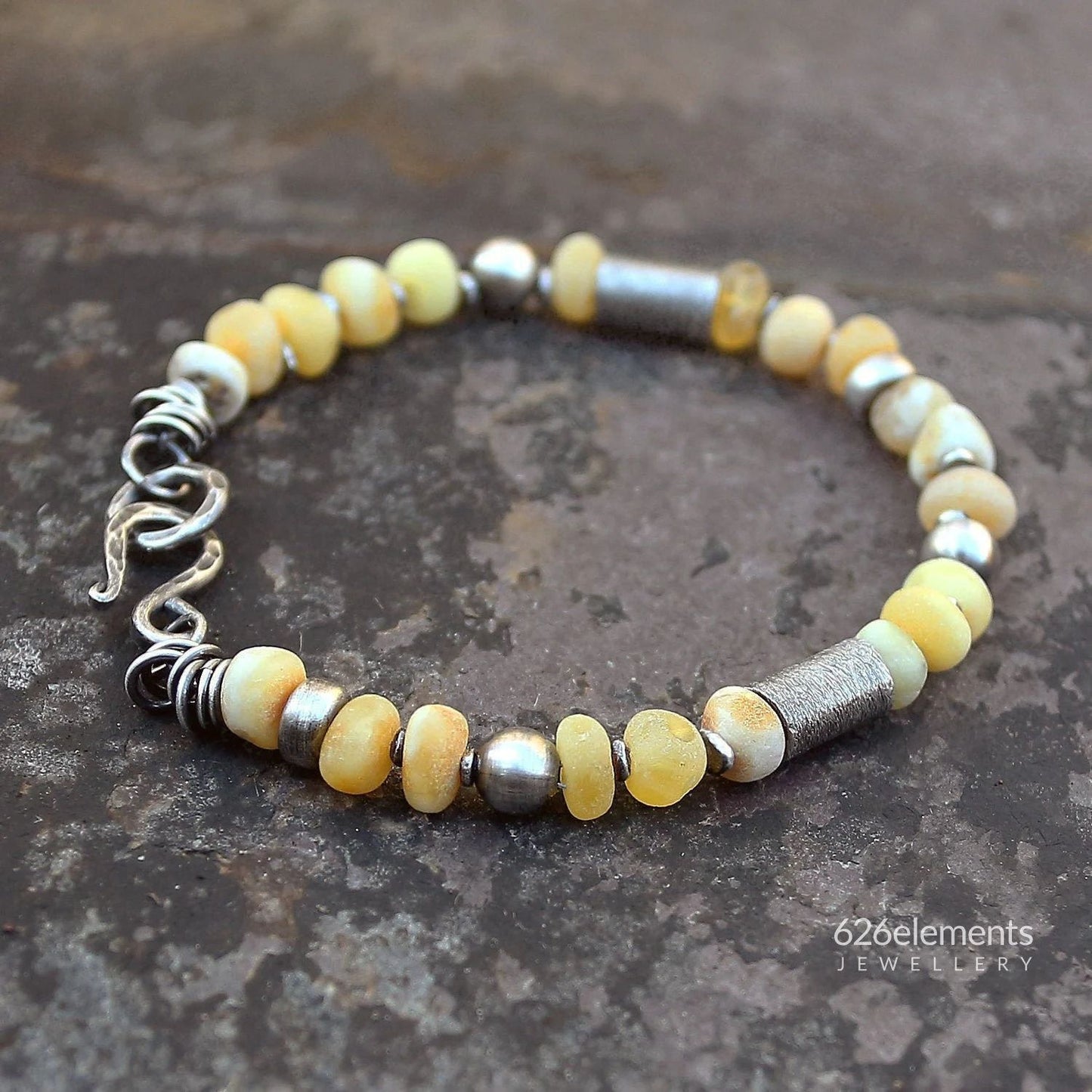 Sunny Yellow Amber Oxidised 925 & 999 Silver Bracelet