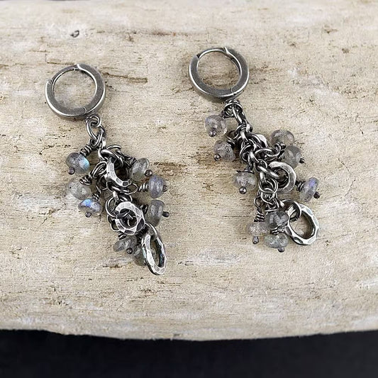 Labradorite & Oxidised Fine Silver Hammered Circles Dangle Earrings