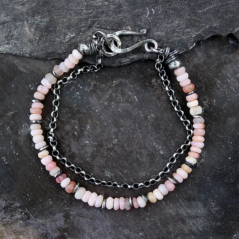 Women's Pink Opal Sterling Silver Chain Bracelet