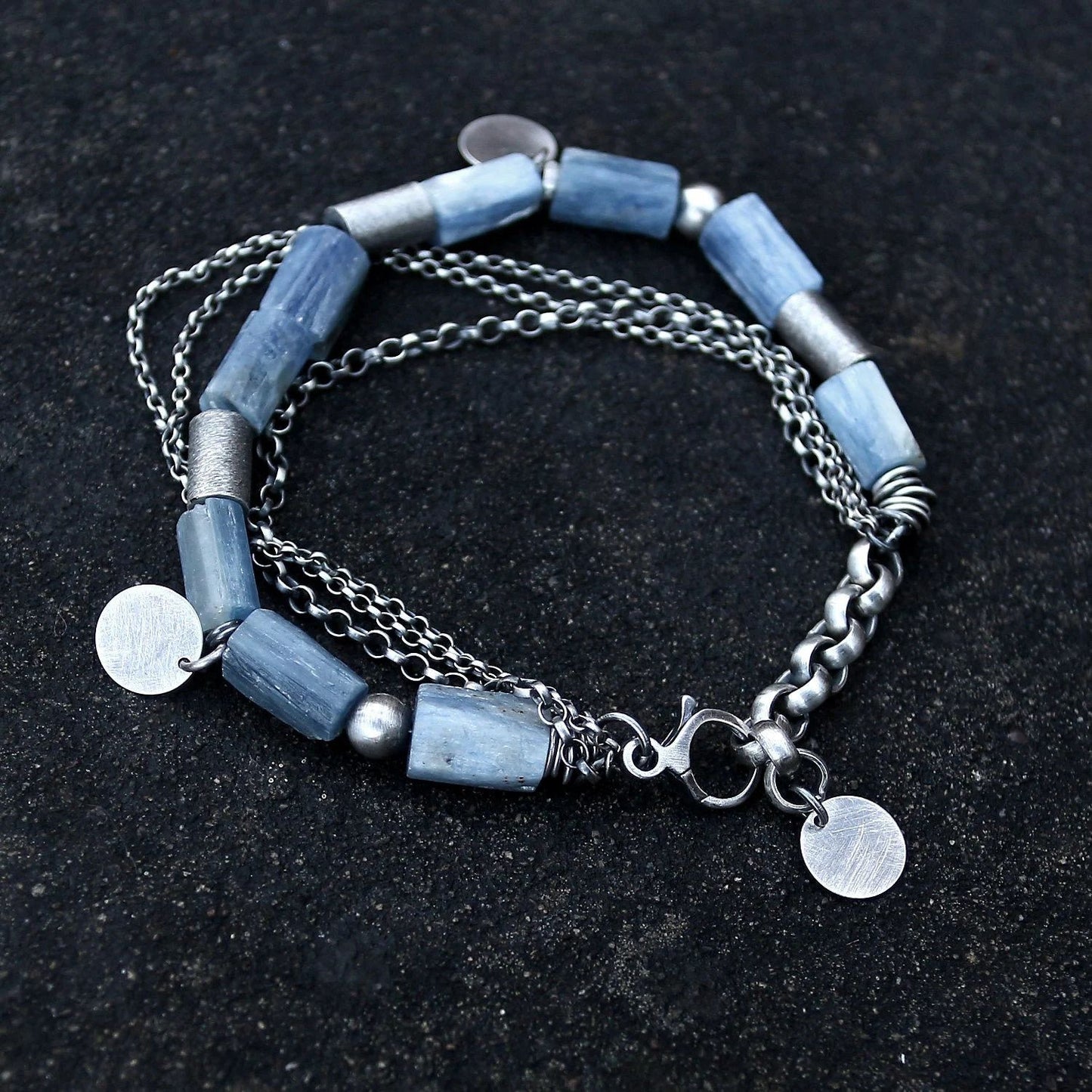 Blue Kyanite Multi Chain & Disc 925 Silver Bracelet