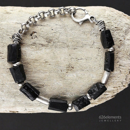 Black Raw Tourmaline & Oxidised 925 Silver Bracelet