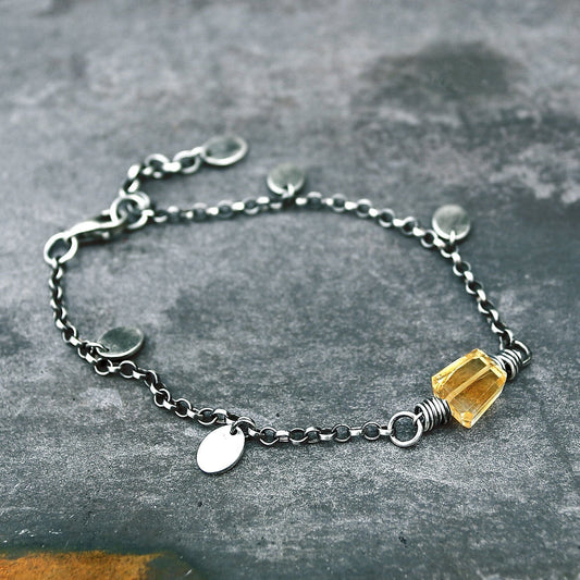 Women's Yellow Citrine Sterling Silver Chain & Oval Discs Bracelet