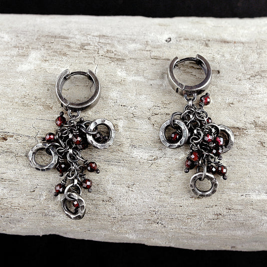 Red Garnet & Blackened Fine Silver Circles Dangle Earrings