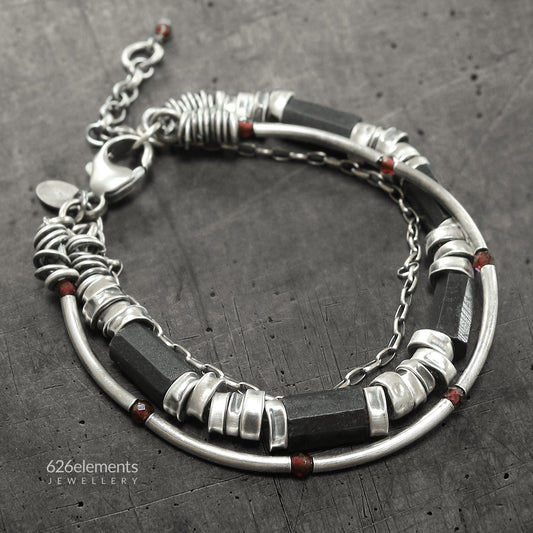 Black Tourmaline, Red Garnet & 925 Silver Multi-Layered Bracelet