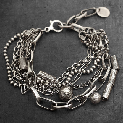 Oxidised Sterling Silver Layered Multi Chain Bracelet