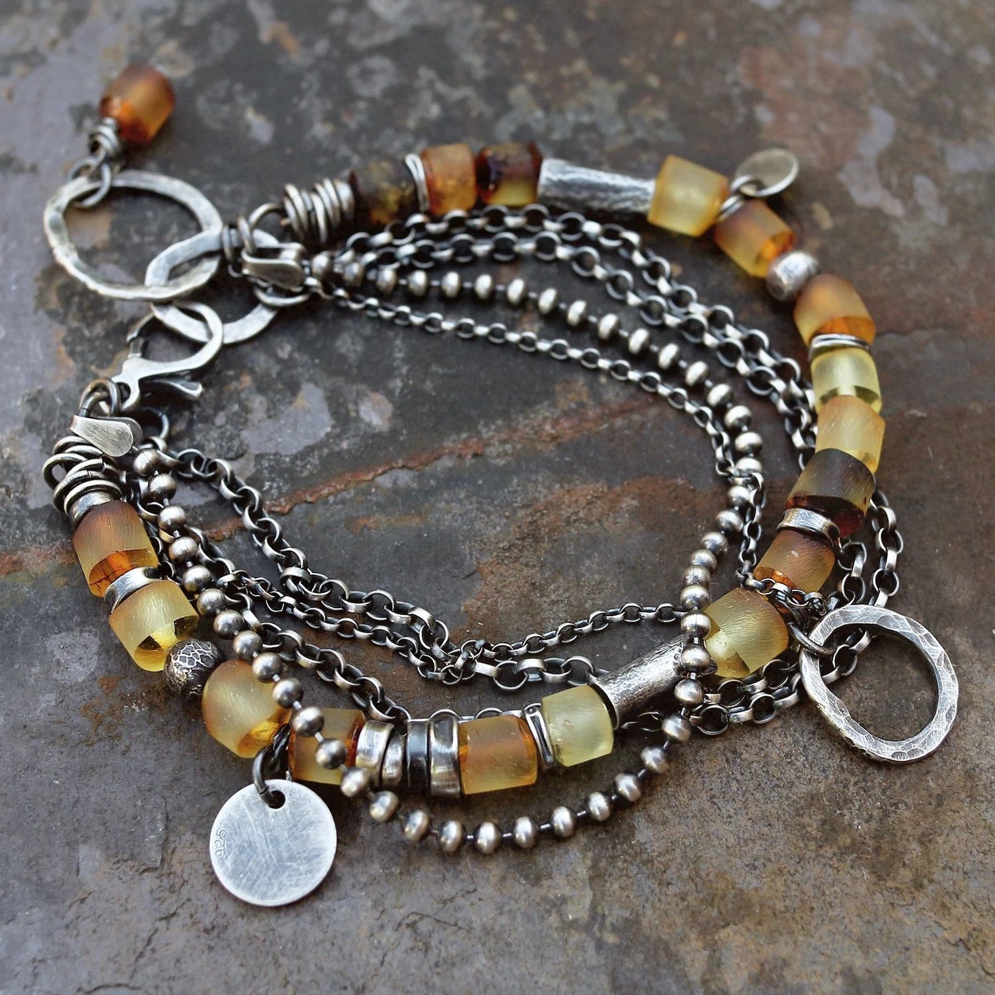 Bright Amber Multi Chain & Hammered Circles 925 Silver Bracelet