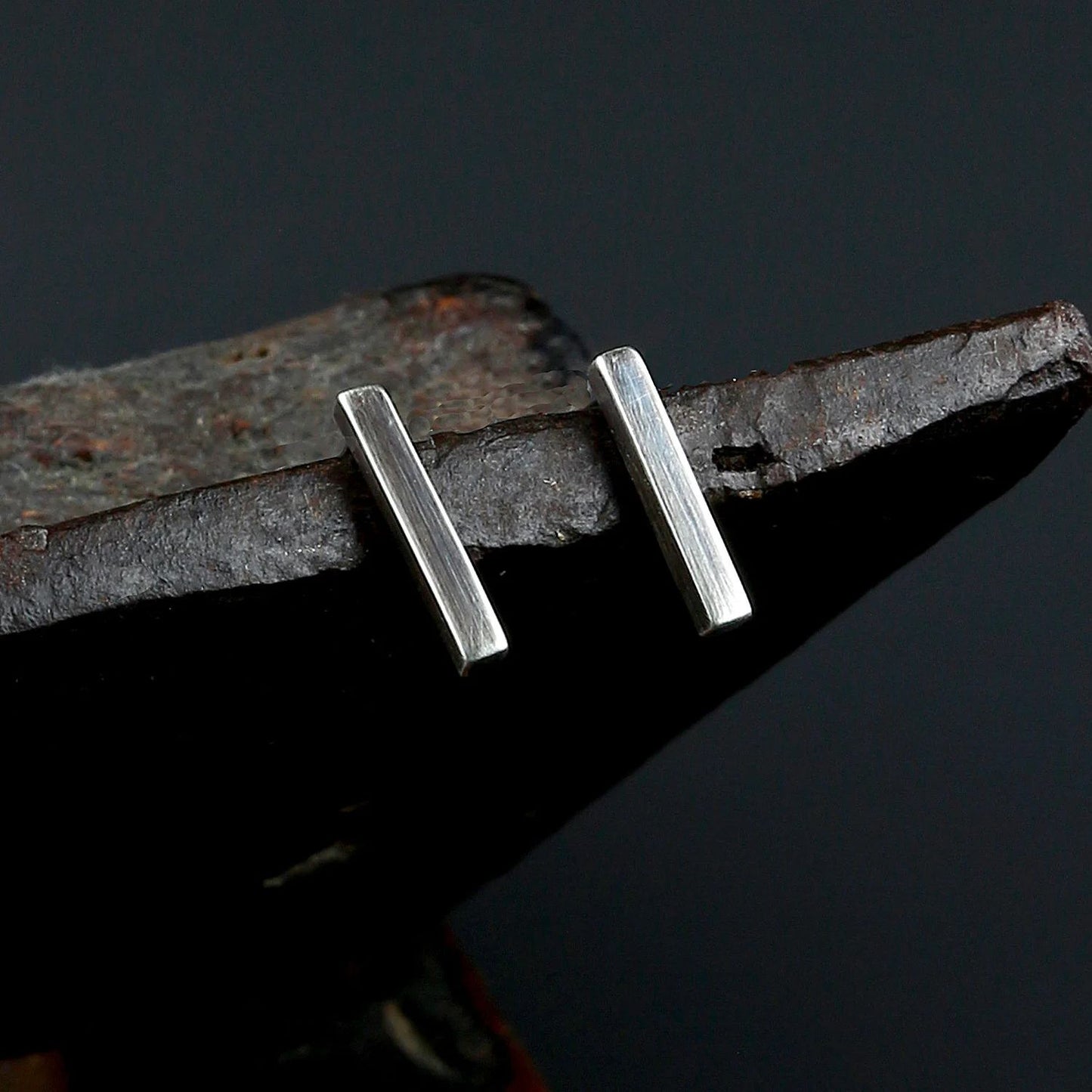 Minimalist Oxidised 925 Silver Short Bar Stud Earrings