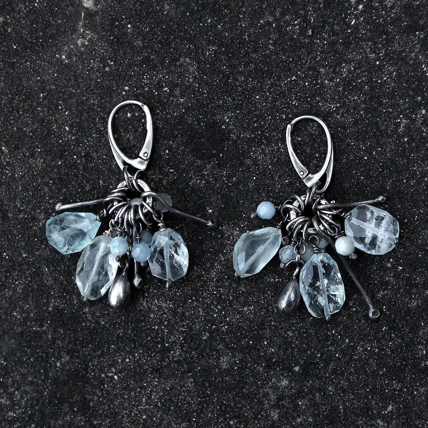 Pale Blue Aquamaine & Oxidised Sterling Silver Dangle Earrings