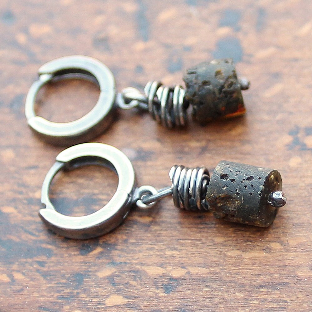 Dark Amber & Sterling Silver Hoop Earrings