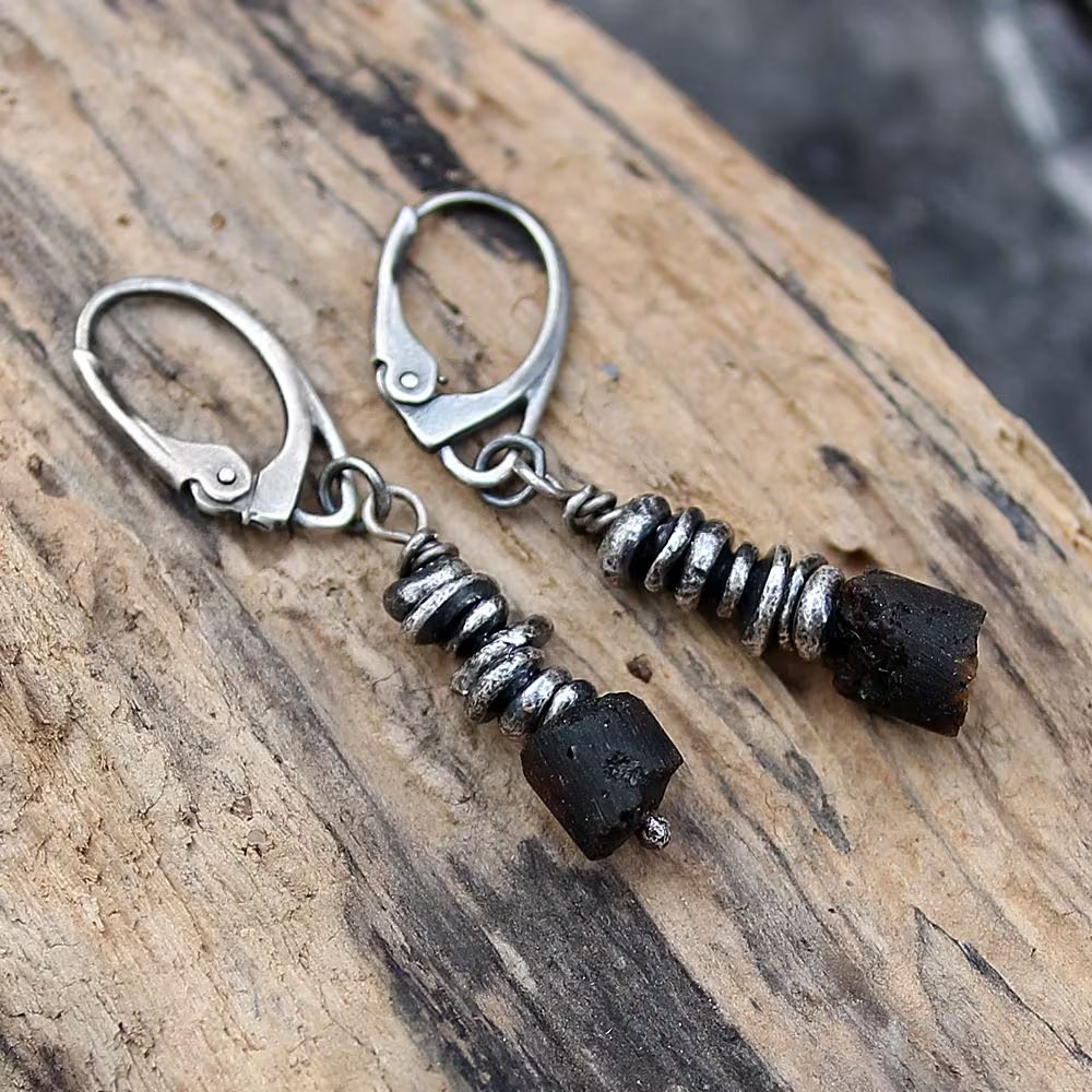 Brown Raw Baltic Amber & Oxidised Fine Silver Dangle Earrings