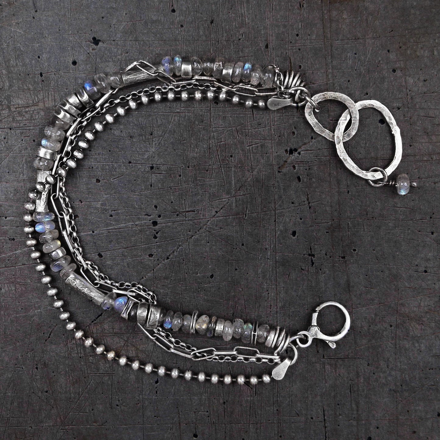 Labradorite Sterling Silver Multi Chain & Hammered Circles Bracelet