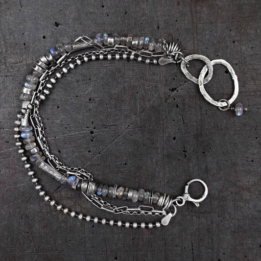 Labradorite Sterling Silver Multi Chain & Hammered Circles Bracelet