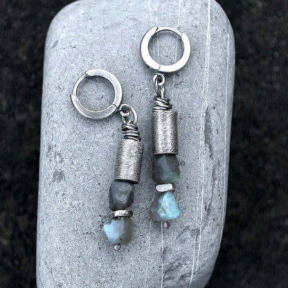 Labradorite, 925 Silver & Brushed Tube Dangle Earrings